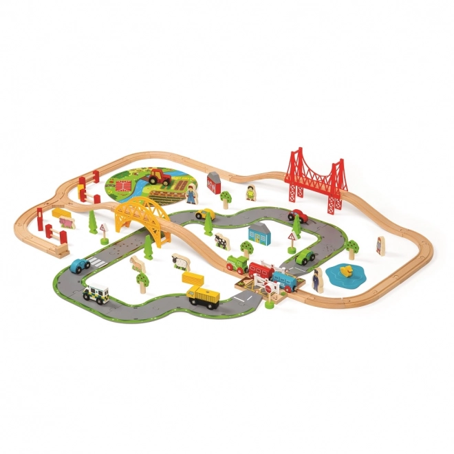 Bigjigs Rail Drewniana kolejka z wiejską drogą 80 części