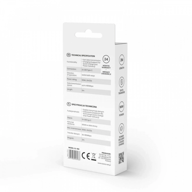 Kabel USB-C Savio 5A 2m