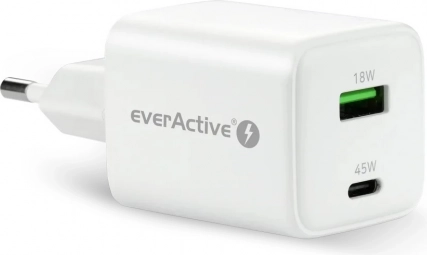 Ładowarka sieciowa GaN z USB‑C 45 W PD i USB‑A QC4+ biała