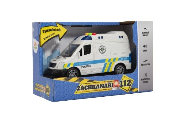 Samochód policyjny dostawczy plastikowy 15cm na napęd z kołem zamachowym na baterie z dźwiękiem i światłem w pudełku 19x13x9cm
