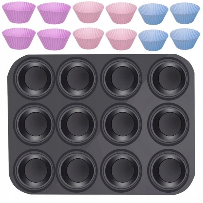 Teflonowa forma do pieczenia muffinów z 12 silikonowymi foremkami