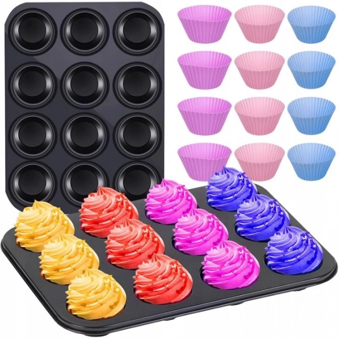 Teflonowa forma do pieczenia muffinów z 12 silikonowymi foremkami