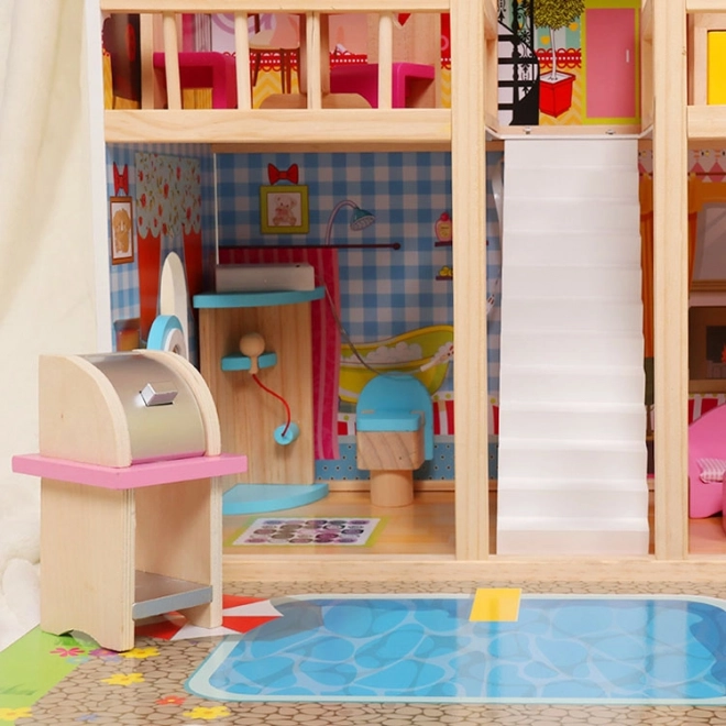 Drewniany domek dla lalek, meble, basen + oświetlenie ECOTOYS