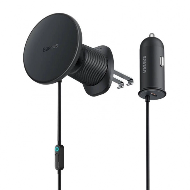 Magnetyczny uchwyt telefonu do samochodu Baseus CW01 do kratki wentylacyjnej z ładowarką samochodową USB-C, 15W + 25W (czarny)