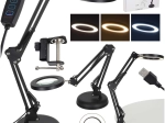 Biurkowa lampa LED z lupą i regulowanym ramieniem, 2 możliwości mocowania