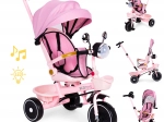 Różowy dziecięcy trójkołowy wózek z obrotowym siedziskiem i drążkiem prowadzącym ECOTOYS
