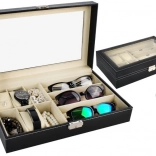 Czarny organizer na zegarki i okulary ze szklanym wiekiem i zamkiem