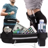 Saszetka biegowa z uchwytem na butelkę, paskiem odblaskowym i wyjściem na słuchawki – czarna