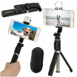 Selfie stick z pilotem Bluetooth i statywem z lampą LED – czarna