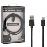 Kabel USB‑C do ładowania z czarnym kotem i silikonowym paskiem do regulacji długości